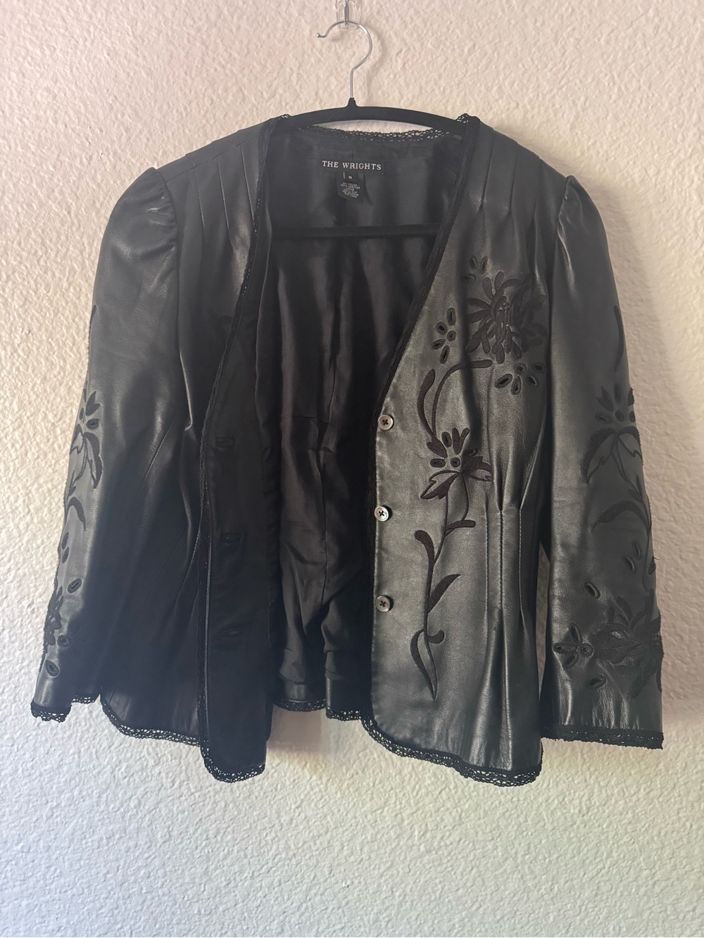 VINTAGE The Wrights Black Leather Embroidered Cutout Jacket 100% Silk Lined